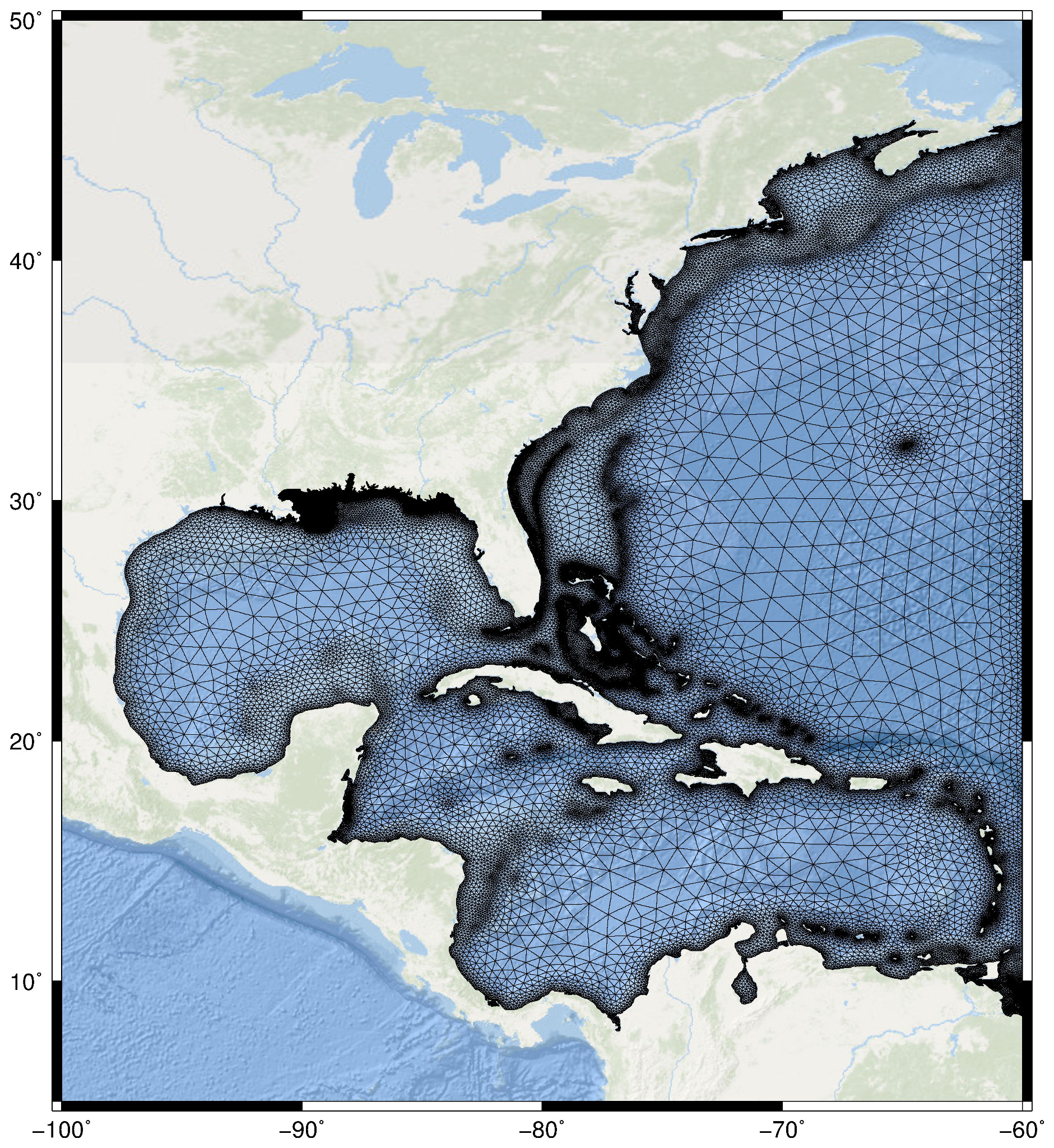 Finite-element ocean-domain mesh spanning the Gulf of Mexico, Caribbean Sea, and western North Atlantic