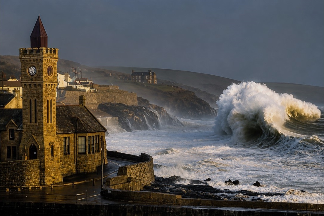 Large breaking wave beside the clock tower and harbour at Porthleven, Cornwall